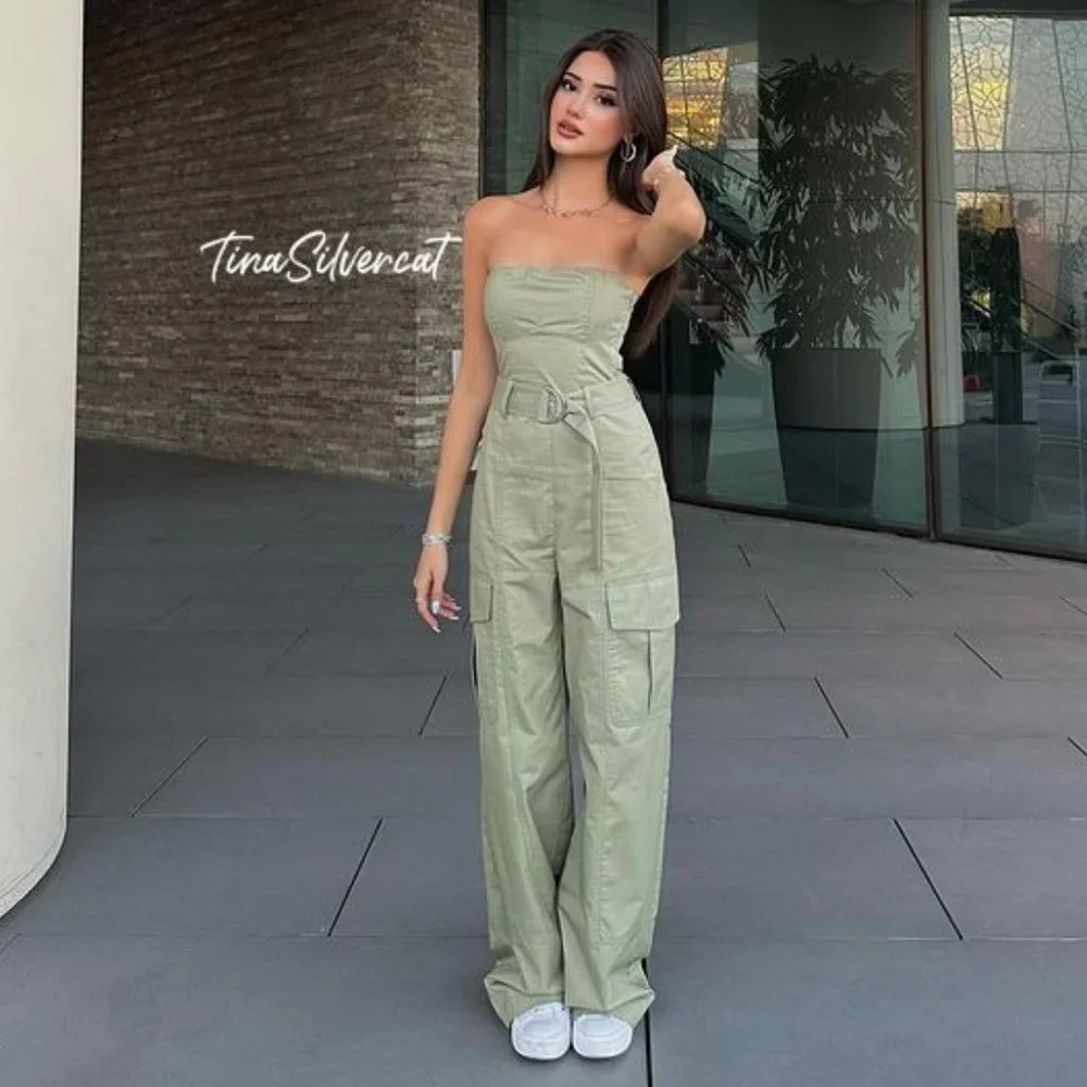BLOGGER'S FAVE! Zara Wide Strapless Leg Jumpsuit Light Khaki NWT